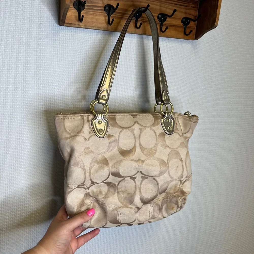 Coach Ashley Signature Jacquard Satchel Khaki Gold Shoulder Bag 23261 - Picture 2 of 8